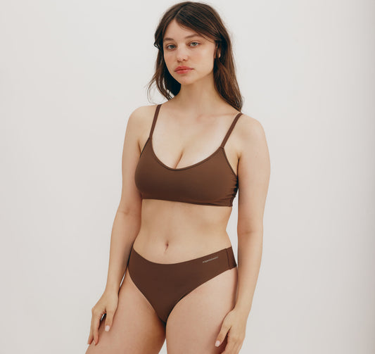 Recycled Nylon Bustier Bodysuit, Beige Color Thong Cut Swimsuit in